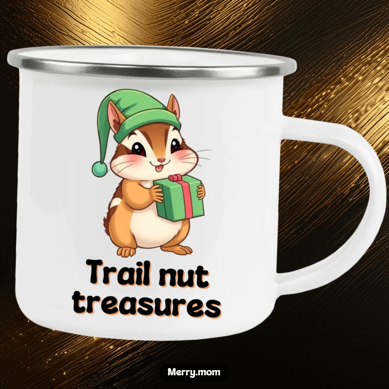 Funny camping mug featuring a playful chipmunk in an elf hat, shaking a present outdoors.