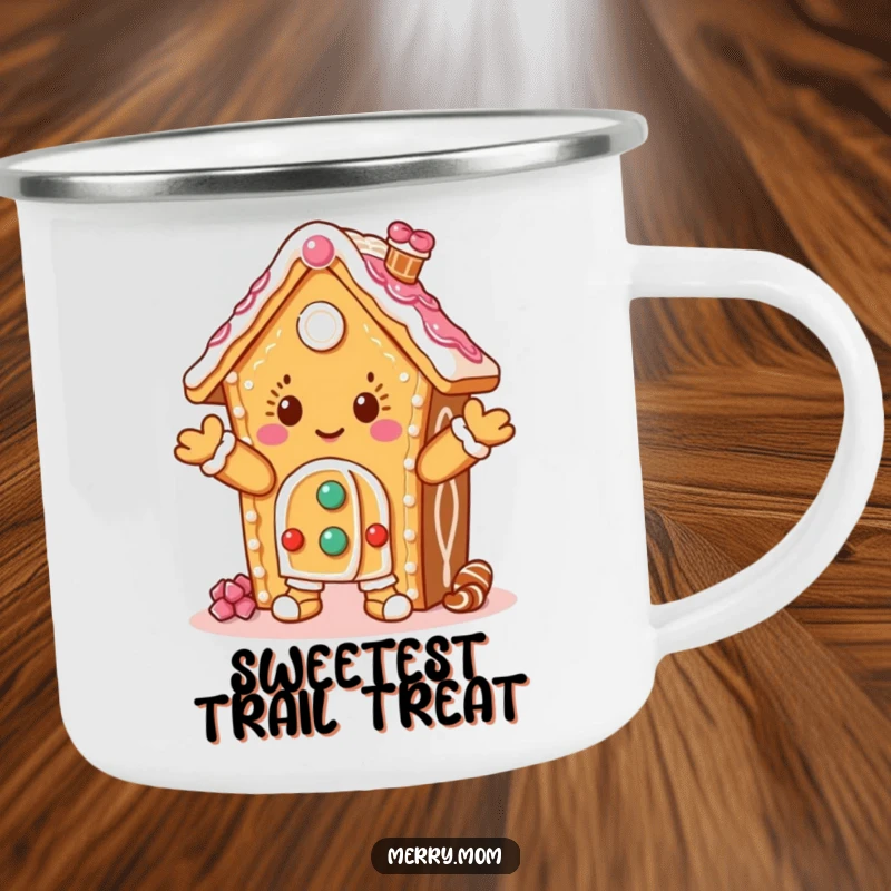 Funny camping mug featuring a dancing gingerbread house character with icing, durable and perfect for outdoor adventures.