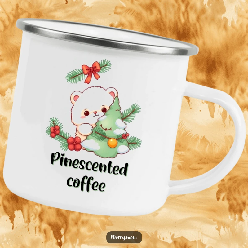 Funny enamel camping mug, fluffy creature peeking from behind a decorated tree, holiday outdoor gear.