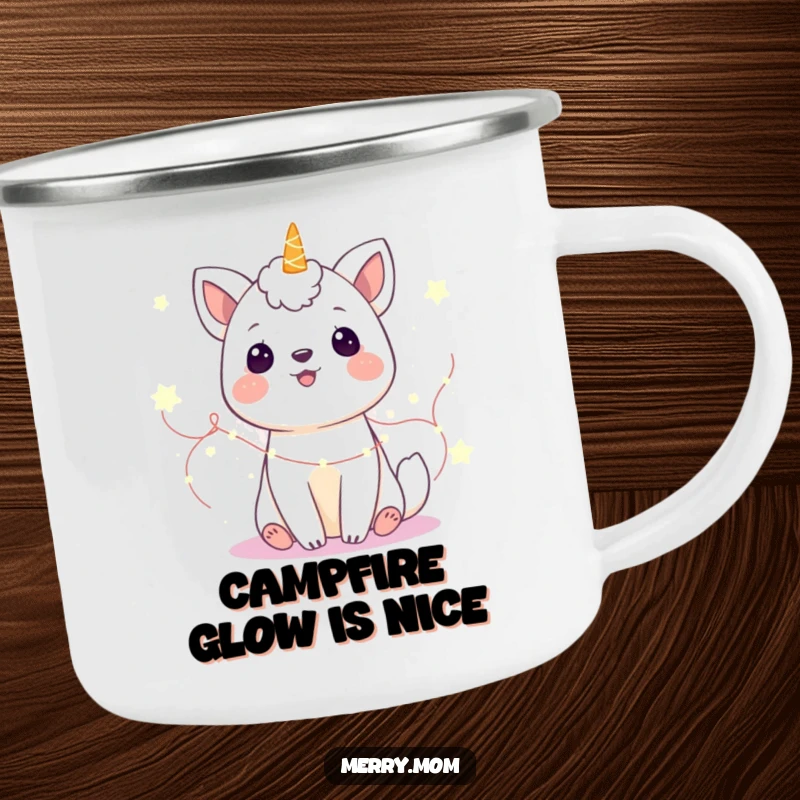 Funny Camping Mug: A gleeful animal illuminated by fairy lights, perfect for enjoying drinks in the great outdoors.