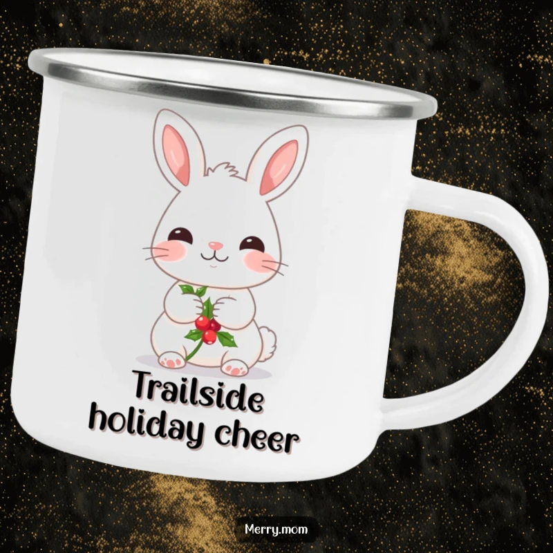 Funny camping mug with a kawaii bunny holding a sprig of holly, your sweet and festive outdoor companion.