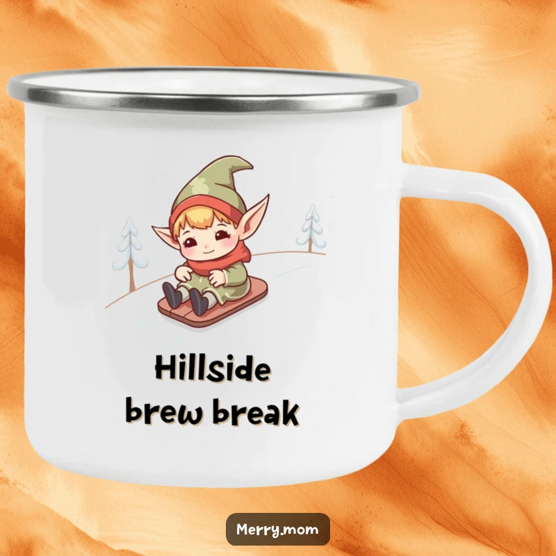 Funny kawaii elf with pointed ears, captured mid-slide on a snowy hill, on a rugged and humorous camping mug.