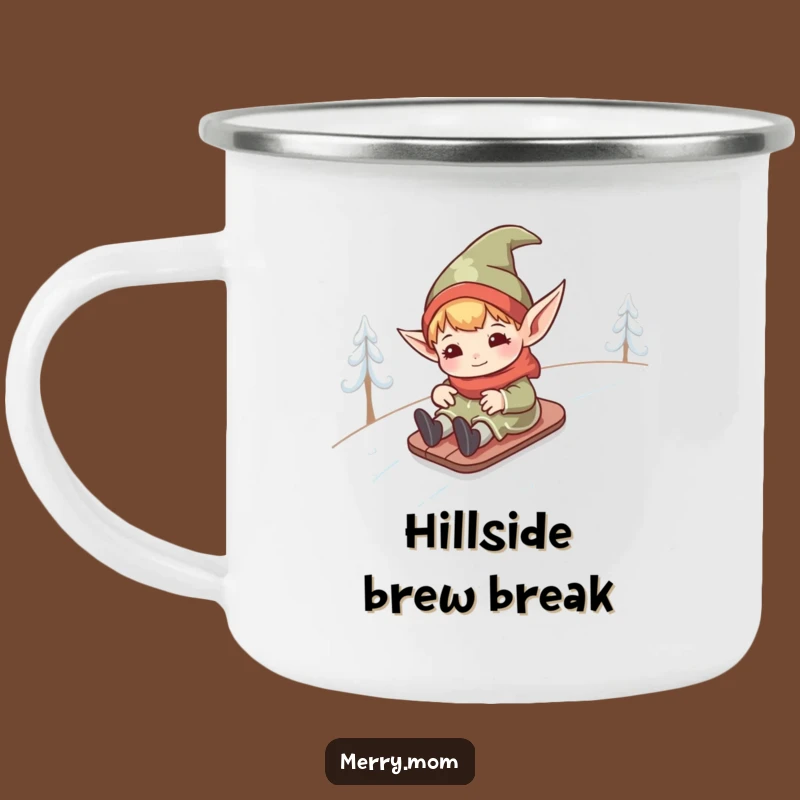 Funny Kawaii Elf Camping Mug: Adventurous & Hilarious Snowy Hill Drinkware