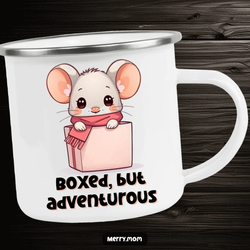 Funny kawaii mouse peeking from a gift box on a rugged camping mug, ideal for humorous outdoor experiences.