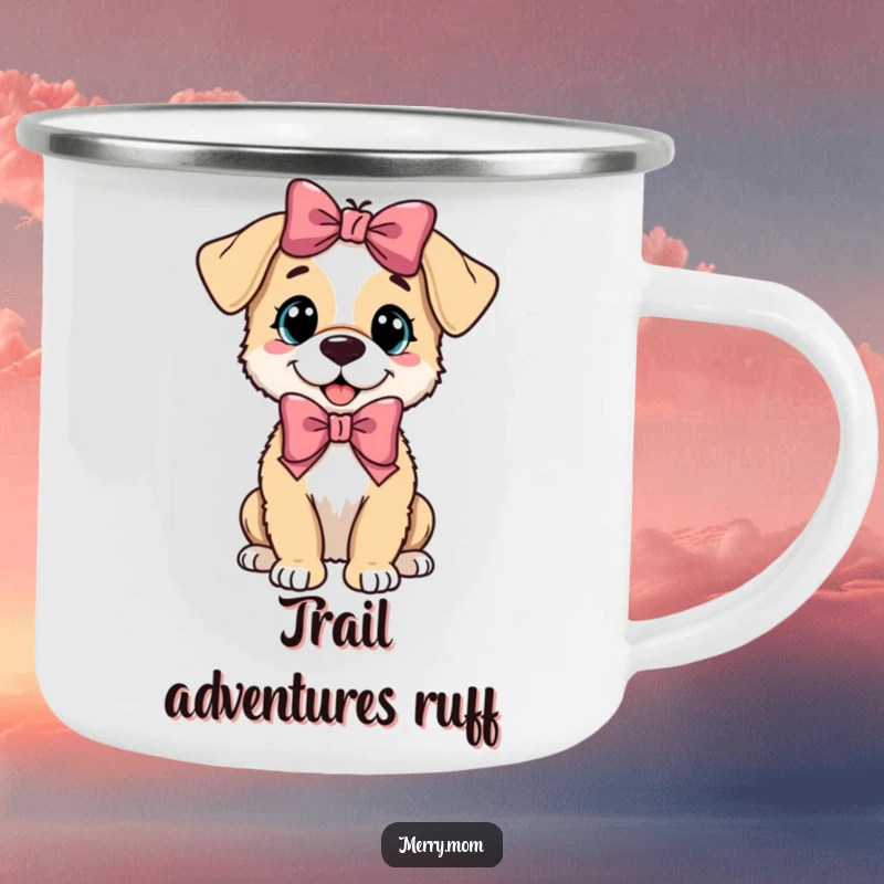 Funny playful puppy wearing a festive bow on a durable camping mug, perfect for outdoor enthusiasts.