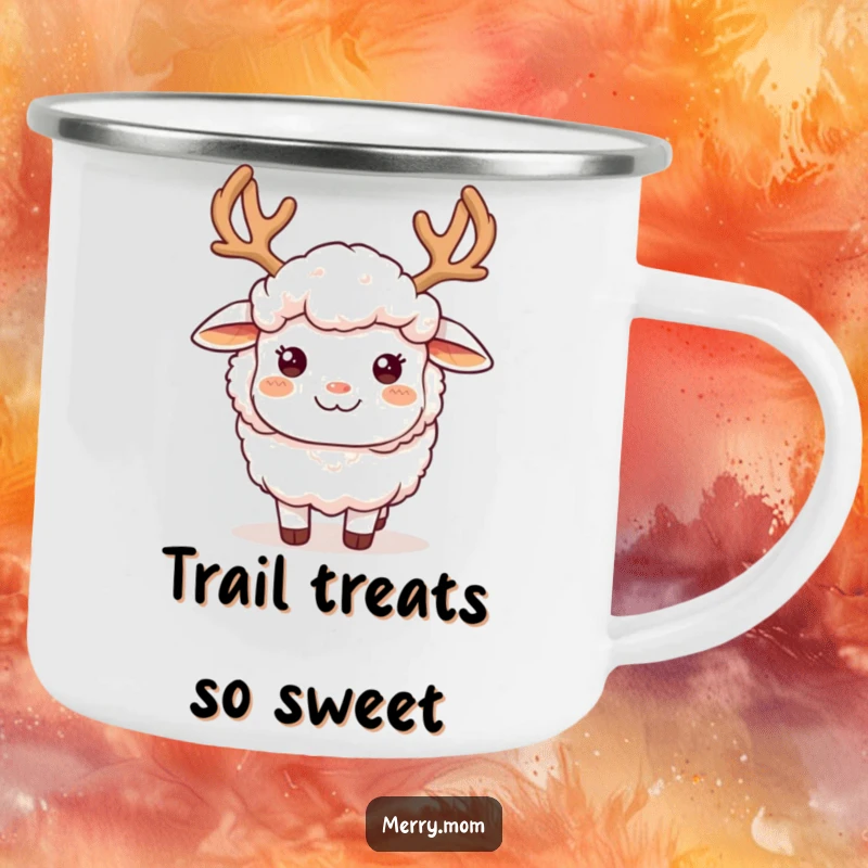 Funny fluffy sheep wearing reindeer antlers and a happy smile, on a sturdy camping mug for outdoor adventures.