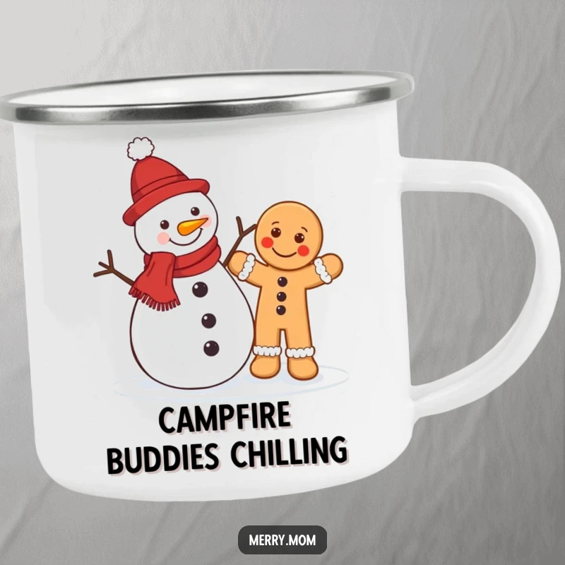 Funny Christmas camping mug showing a jolly snowman and a waving gingerbread man, designed for outdoor holiday enjoyment.