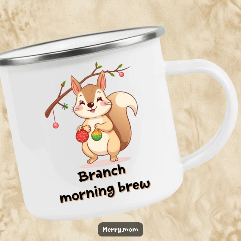Funny Squirrel Camping Mug featuring a cheerful squirrel decorating a branch with tiny ornaments, durable for outdoors.