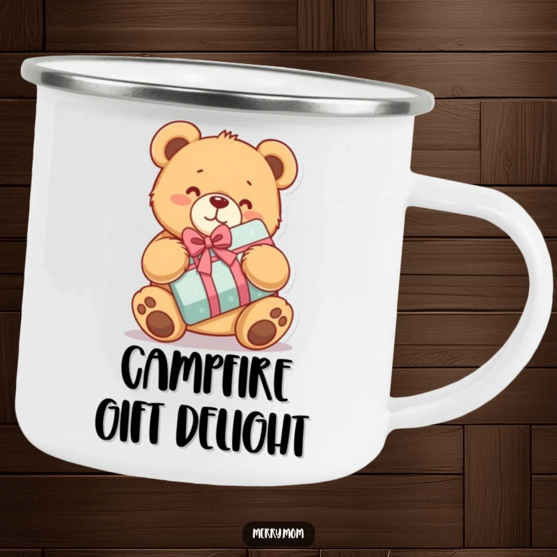 Funny camping mug with a kawaii teddy bear hugging a wrapped present, your cozy and delightful outdoor companion.