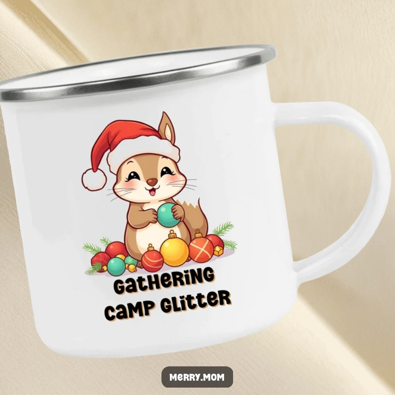 Funny camping mug with a kawaii squirrel in a Santa hat, hoarding shiny ornaments, your festive outdoor companion.