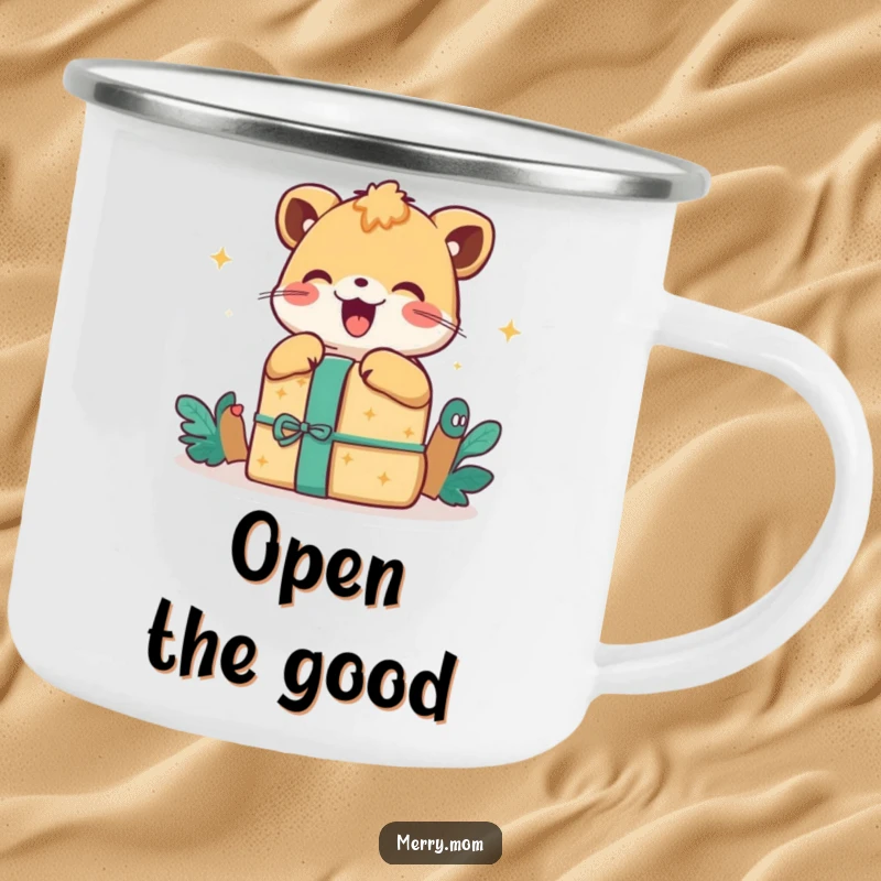 Happy Animal Gift Camping Mug, sturdy enamel design showing a delighted animal unwrapping a present with excitement.