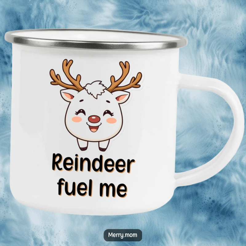 Funny camping mug featuring a creature with reindeer antlers and a broad smile, perfect for festive trips.