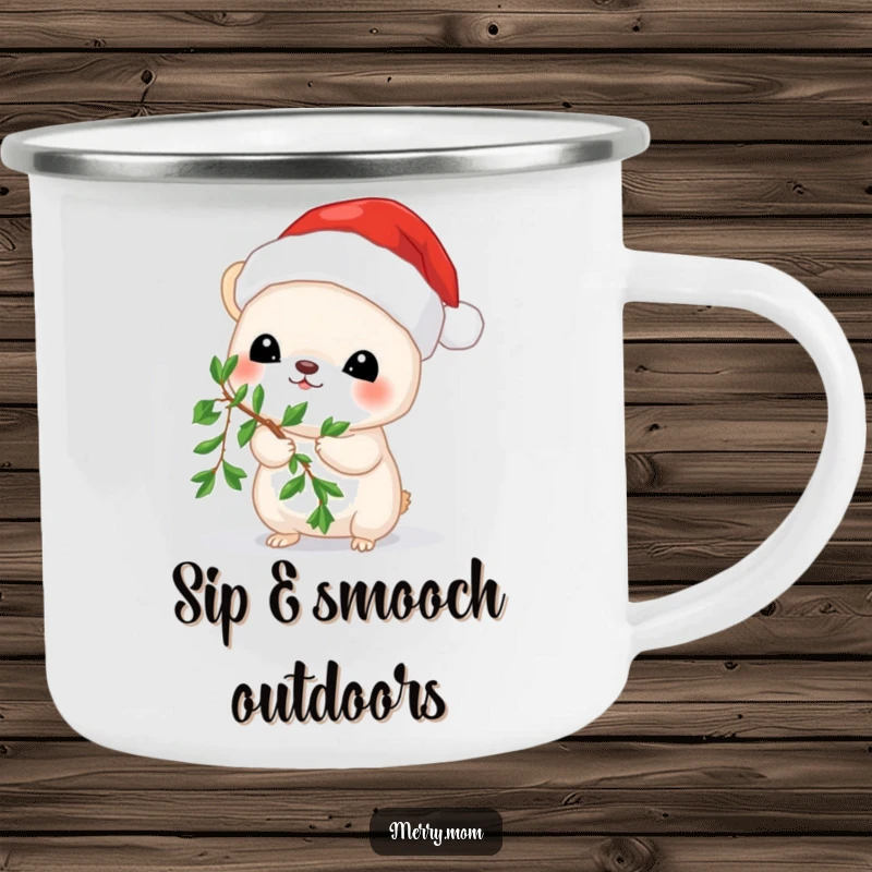 Funny camping mug featuring a small animal in a Santa hat holding mistletoe, perfect for outdoor festive moments.