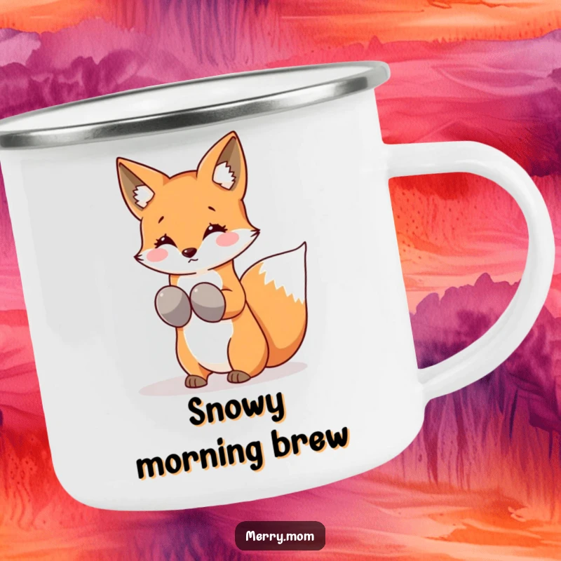 Funny Kawaii Fox Camping Mug, durable for outdoor fun, wearing mittens and shaking snowflakes from its tail for winter.