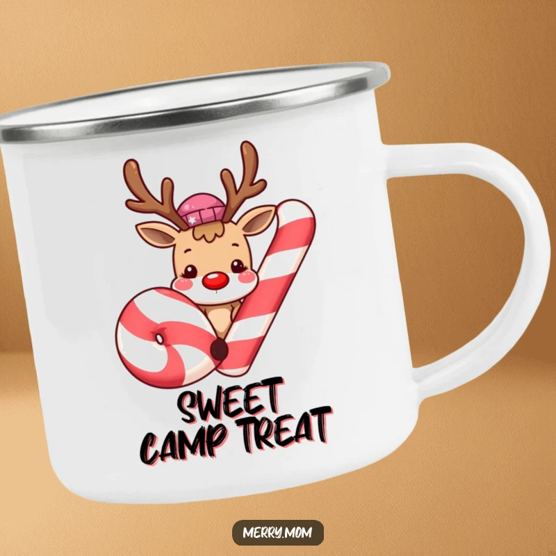 Cute smiling reindeer peeking from behind a giant candy cane on a durable camping mug, ideal for outdoor enthusiasts who love festive designs.