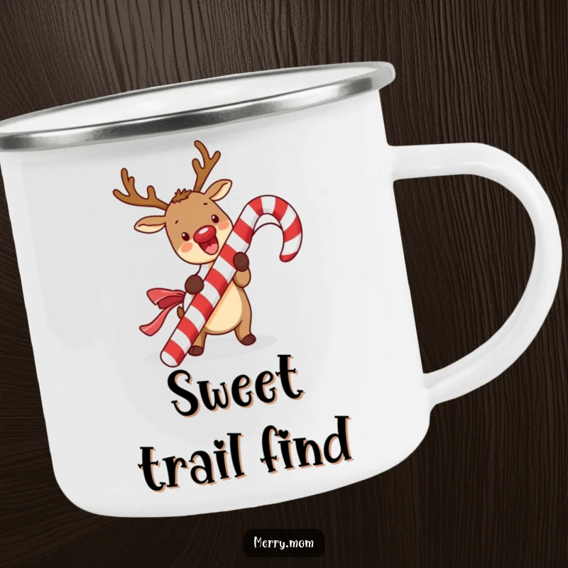 Funny kawaii reindeer camping mug featuring a cute reindeer excitedly unwrapping a giant candy cane, perfect for festive outdoor sips.