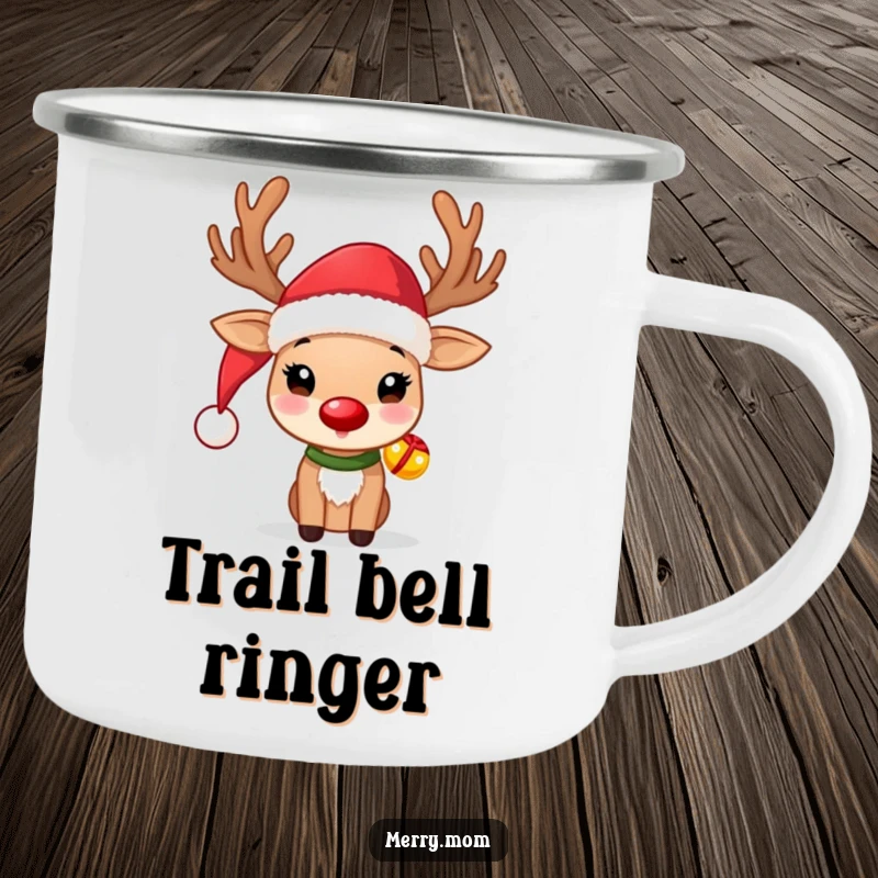 Funny Reindeer Camping Mug featuring a cute reindeer in a Santa hat and jingle bells, durable for outdoor use.
