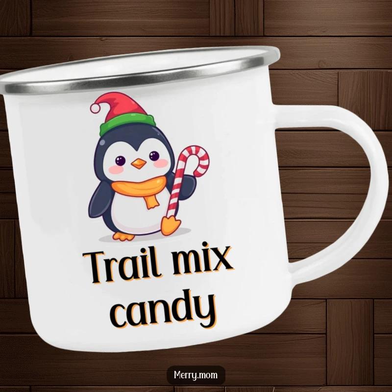 Funny Kawaii Penguin Camping Mug, durable for adventures, wearing an elf hat and holding a candy cane for holiday cheer.