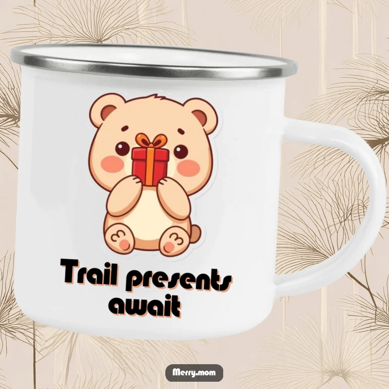 Funny little bear holding a bright red present on a durable camping mug, perfect for outdoor enthusiasts.