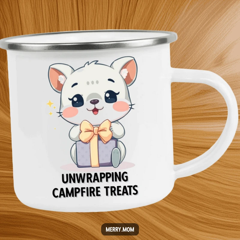 Funny camping mug featuring an animal with sparkling eyes, excitedly unwrapping a gift, perfect for festive adventures.