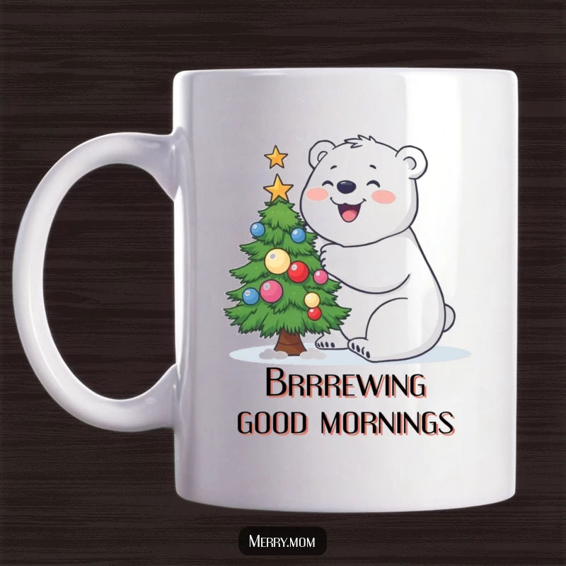 Funny Polar Bear Christmas Mug showing a joyful polar bear actively building a small, decorated Christmas tree.