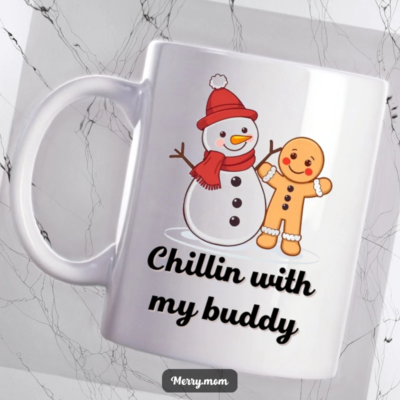 Funny Christmas mug featuring a jolly snowman and a happy gingerbread man waving cheerfully together in a festive winter scene.