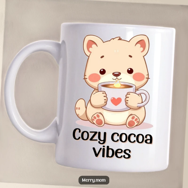 Cozy Animal Cocoa Mug, showing a cute animal holding a steaming cup of cocoa with a warm, inviting glow.