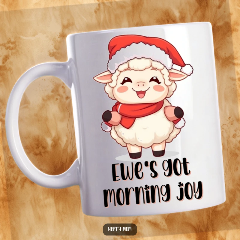 Funny mug with a fluffy sheep dressed as Mrs. Claus, beaming with pure joy during the holidays.