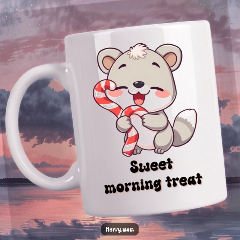 Funny mug featuring a cute animal holding a candy cane and giving a cheerful wink, festive and sweet design.