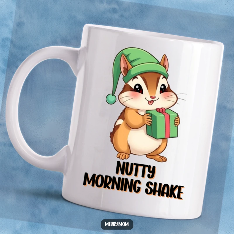 Funny mug featuring a playful chipmunk wearing an elf hat, enthusiastically shaking a holiday present.