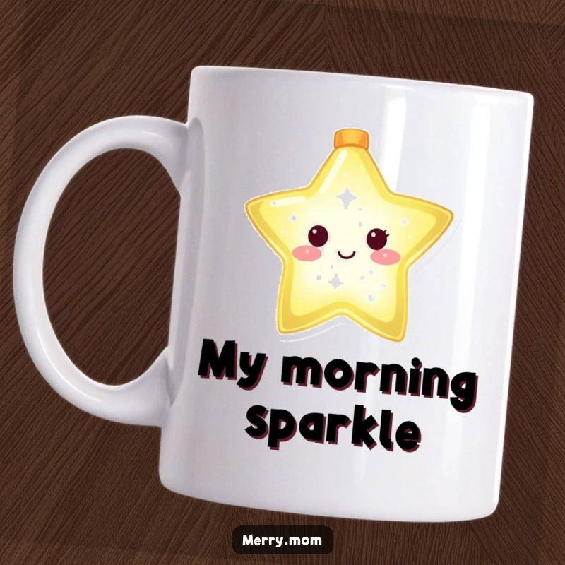 Funny mug with a glowing Christmas star character shining brightly, bringing celestial cheer and warmth to your day.