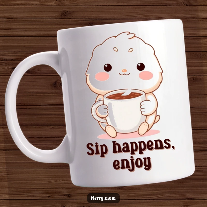 Funny mug displaying a cute creature with a warm, inviting smile, holding a steaming mug of hot cocoa, radiating coziness.