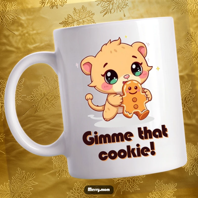 Funny mug featuring a cute creature with sparkling eyes, enthusiastically chasing a mischievous gingerbread cookie, depicting playful pursuit.