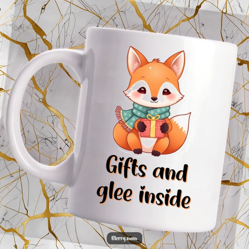 Funny festive fox in a sparkly scarf holding a present, ready for Christmas joy, perfect holiday mug for gift.