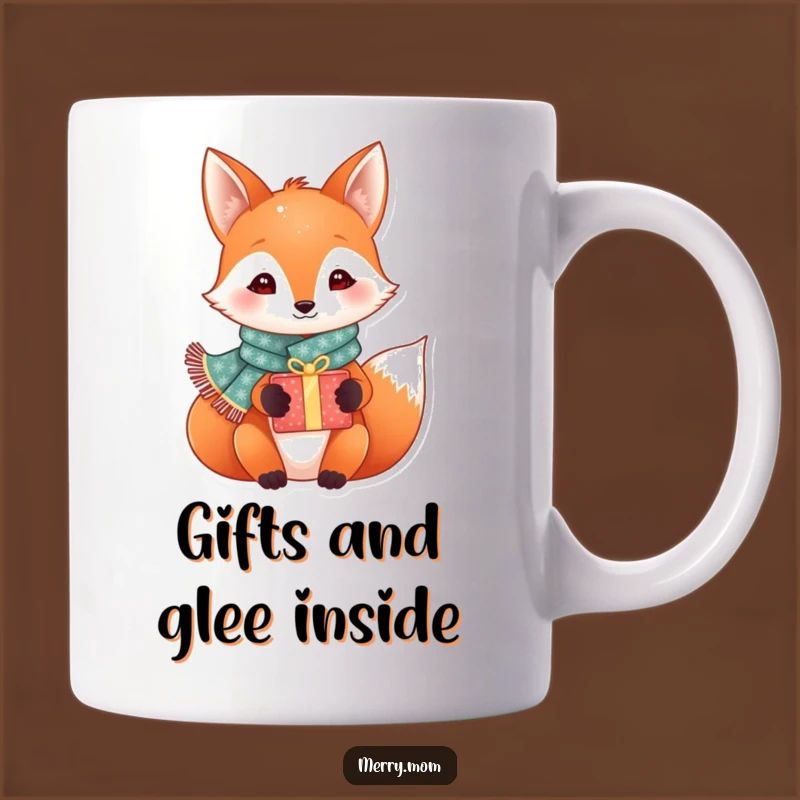 Funny Festive Fox Gift Mug: Sparkly Scarf Fox Holding Present, Perfect Christmas Gift