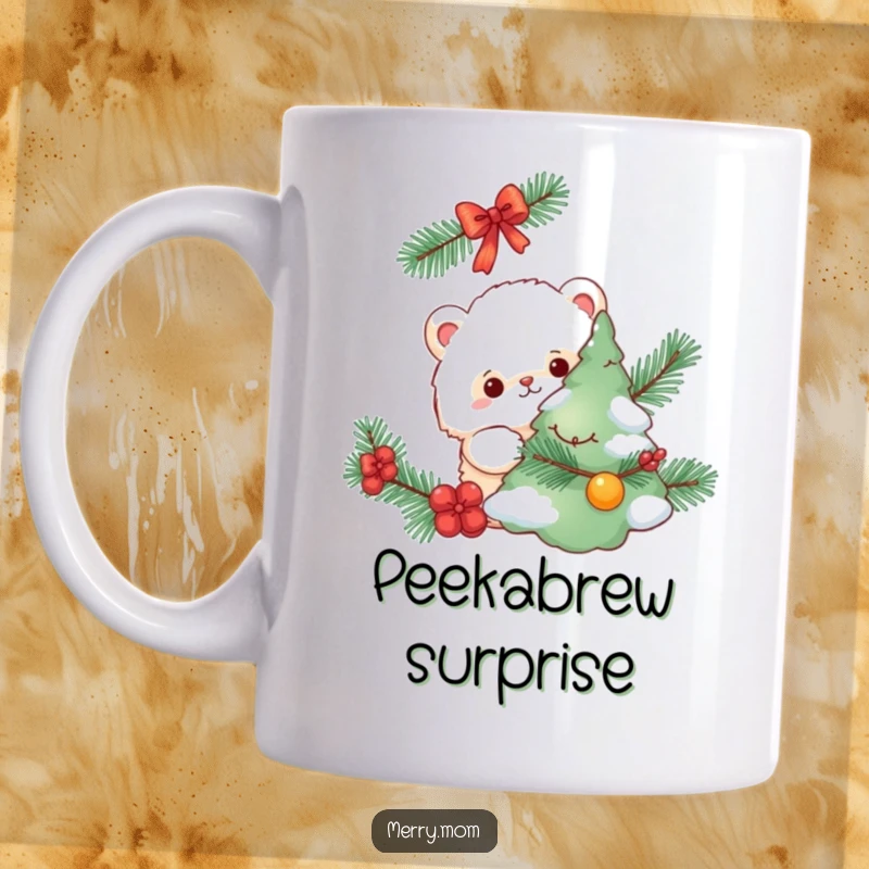 Funny mug, a cute fluffy creature peeking from behind a decorated Christmas tree, hide-and-seek theme.