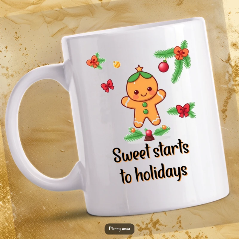 Funny mug with a cheerful gingerbread man character happily decorating a festive Christmas tree, spreading holiday cheer.