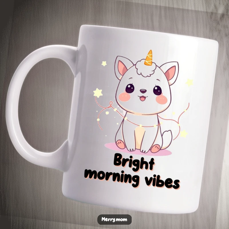 Funny Mug: A gleeful animal basking in the glow of twinkling fairy lights, radiating pure joy and magic.