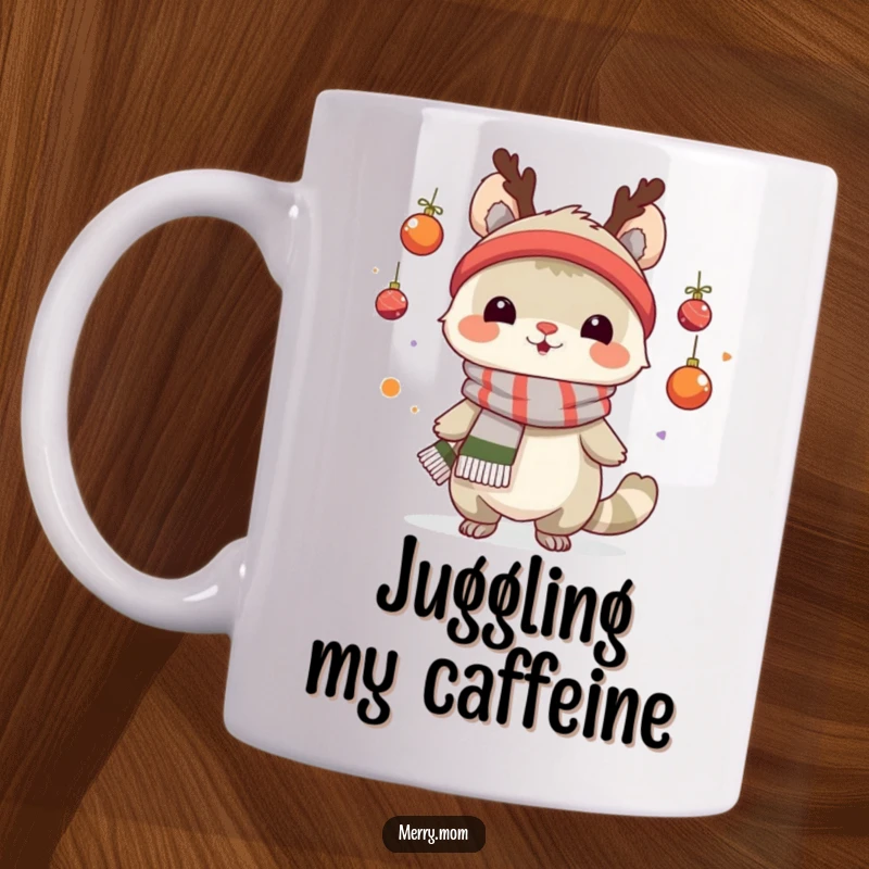 Funny mug showing a creature in a festive scarf juggling small, colorful Christmas ornaments with a mischievous grin.