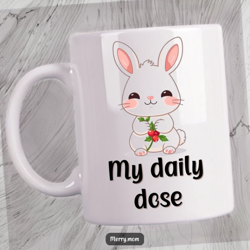 Funny mug showcasing a kawaii bunny with rosy cheeks, sweetly holding a sprig of holly, embodying holiday joy.