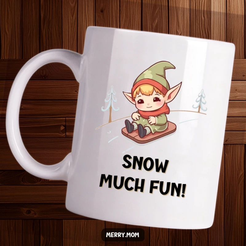 Funny kawaii elf with pointed ears joyfully sliding down a snowy hill, bringing winter cheer and laughter.
