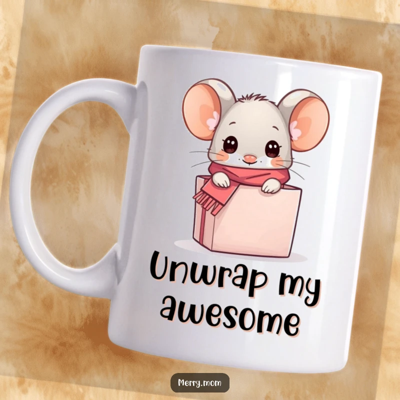 Funny kawaii mouse with a tiny scarf, peeking curiously from a gift box, making this mug a delightful and humorous present.