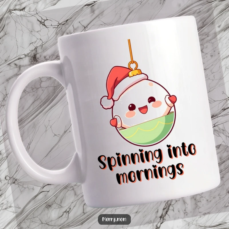 Funny mug with a cute Kawaii Christmas ornament character happily spinning with festive joy.