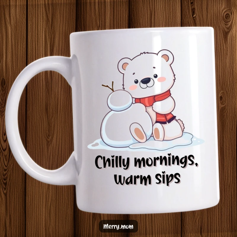Funny Kawaii Polar Bear Cub Mug, cheerfully building a snowman, capturing the fun of a winter day.