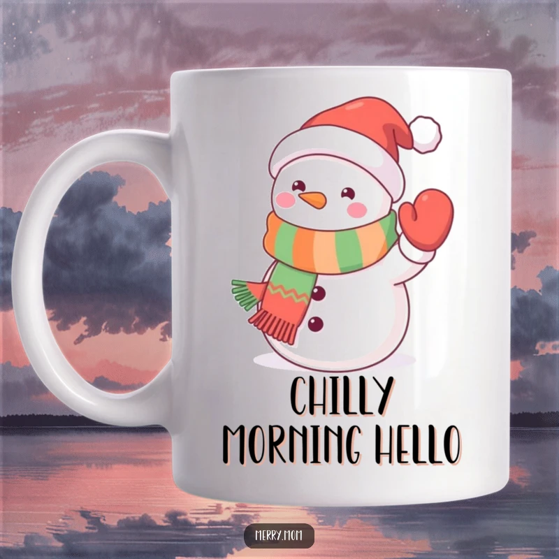 Funny kawaii snowman mug featuring a cute snowman wearing a festive scarf and waving a mitten with a friendly expression.