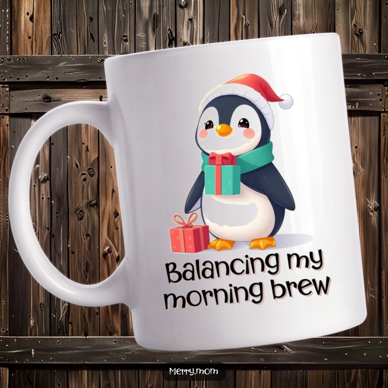 Funny Christmas mug featuring a cheerful penguin in a tiny Santa suit, expertly balancing gifts on its nose with a proud smile.