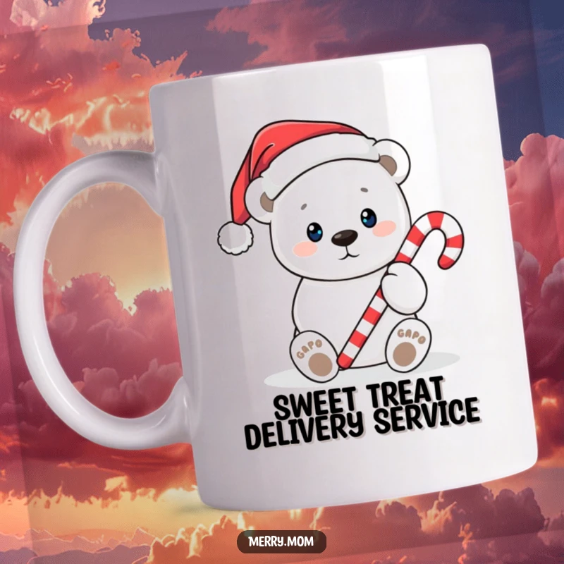 Funny Christmas mug featuring a cute polar bear in a Santa hat, happily offering a candy cane with a friendly expression.