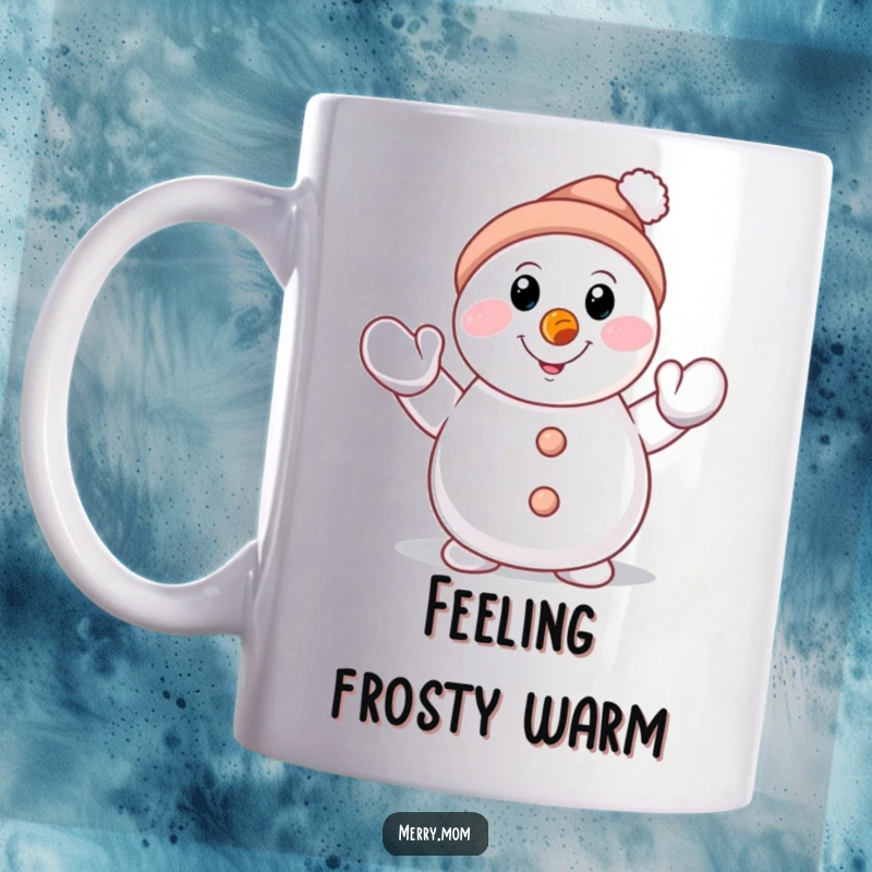 Funny smiling snowman character with carrot nose, waving a mittened hand on a mug, radiating holiday cheer.