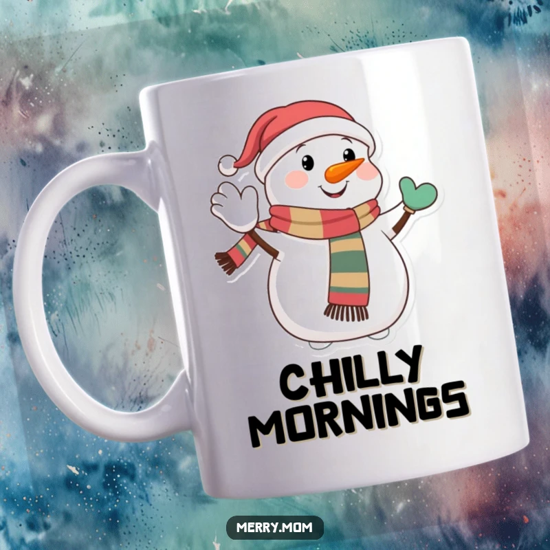 Funny mug of a happy snowman character wearing a festive scarf, giving a jolly wave, radiating winter cheer and friendliness.