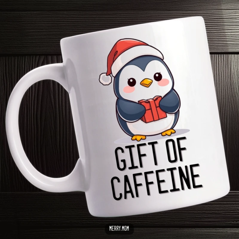 Funny kawaii penguin wearing a Santa hat, cheerfully holding a wrapped gift, perfect for festive mug lovers.